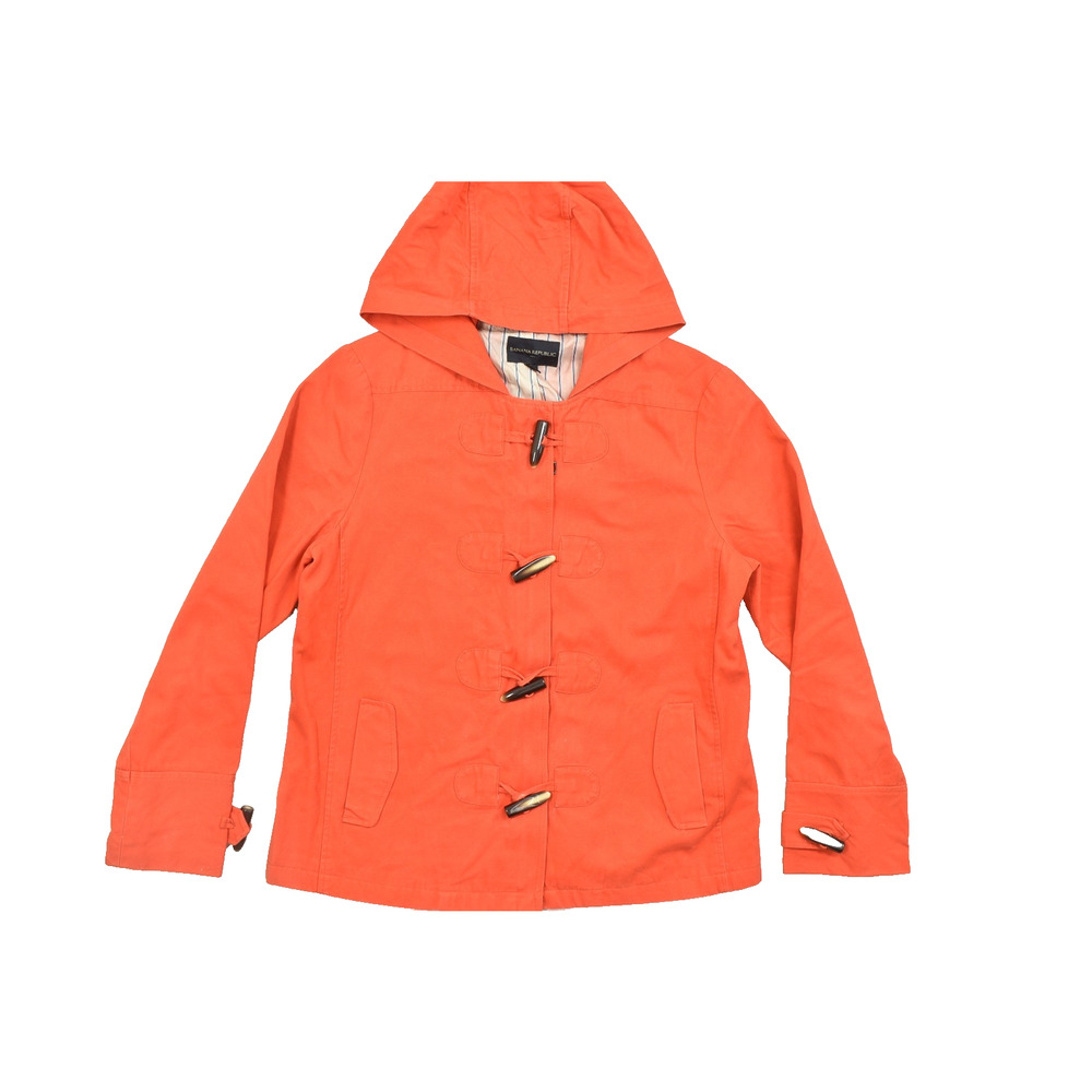 Banana Republic Women Large Orange Hooded Cotton Toggle Duffle Jacket Striped Li
